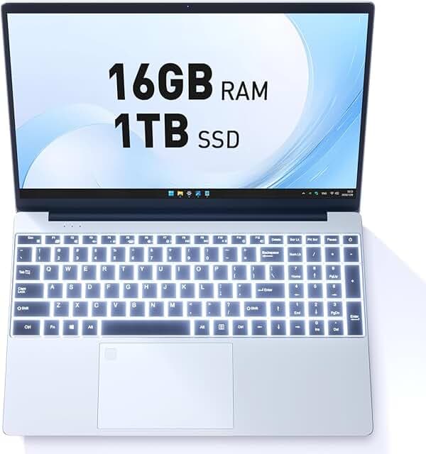 Business Laptop Computer for Work, Notebook PC for College Students, 15.6" FHD Display, 4-Core Processor, Backlit Keyboard, Fingerprint Sensor, Up to 10TB Storage, 16GB RAM, 1TB SSD, Silver