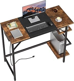 HOOBRO Small Computer Desk, Home Office Desk with Power Outlet, Writing Desk with 2 Shelves, Modern Small Desk for Home Office, Study, Easy to Assemble, Rustic Brown and Black BF43UDN01