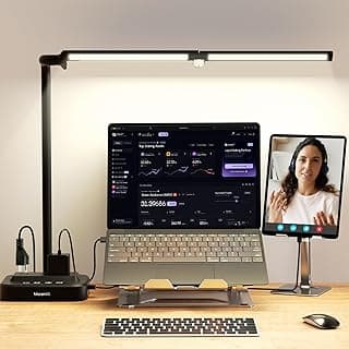 LED Desk Lamp for Home Office: Desk Light Double Head Adjustable with Power Strip 2 AC Outlets, USB-C USB-A Charging Ports Surge Protection, Foldable Table Lamp for College Dorm Room Essentials