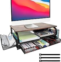 Desk Organizers and Accessories Monitor Riser, Monitor Stand with Drawer (2-Tier Drawers) with Large Side Storage Rack & Cable Management,66LBS/30KG, Office Organization, Walnut Brown
