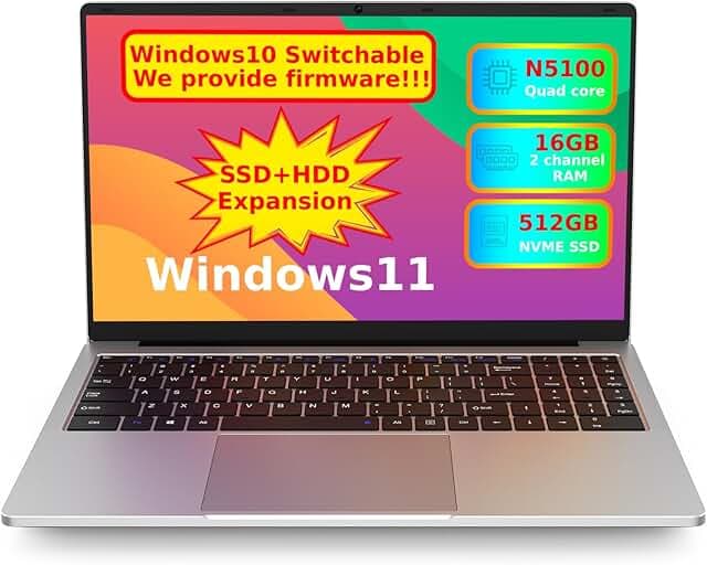 OTVOC Laptop 15.6 inch Windows 11, VocBook 15, Celeron N5100, 16GB RAM, 512GB PCIE NvMe SSD, 4TB Expansion, 15.6" FHD IPS, 2.0MP, 2.4G+5G WiFi, Bluetooth 5.0, Type-C, HDMI, RJ45, HDD, Silver
