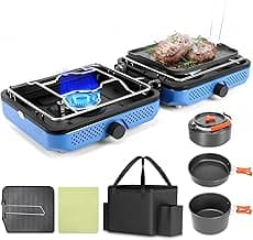Hisencn 2 Burner Propane Camping Stove, 30000 BTU Foldable Portable Gas Stove with Cookware Set & Carry Bag, Outdoor Cooking for Camping, RV, Emergency Use, Blue