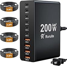USB C Charging Station 10 Port with 4 Cables,200W GaN Type C Charger Block,Wall Charger Power Strip Adapter Plug for iPad iPhone17 16 15 14 13 12 Pro Max Pixel Note Galaxy