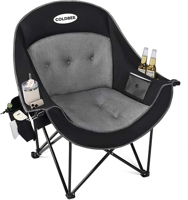 Coldbee Oversized Camping Chairs for Adults - Heavy Duty Padded Folding Lawn Chairs with Cup Holders & Cooler Bag, Comfy Outdoor Chair for Picnic, Beach, Fishing (Black)