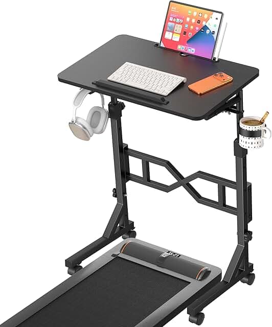 Small Standing Desk with Wheels, 29.5-45.3 Inch Adjustable Height, Portable Treadmill Desk, Rolling Computer Table for Walking Pad with a Cup Holder and a Hook
