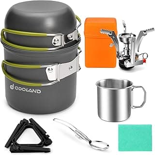 Odoland 8pcs Camping Cookware Mess Kit, Camping Pot and Pan Set with Mini Backpacking Stove, Stainless Steel Cup, Spork and Tank Bracket, Cooking Gear for Outdoor, Hiking, Picnic, Campfire