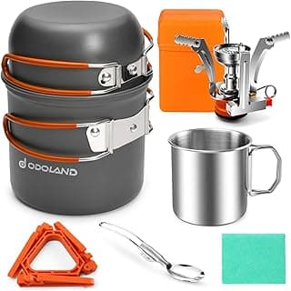Odoland 8pcs Camping Cookware Mess Kit, Camping Pot and Pan Set with Mini Backpacking Stove, Stainless Steel Cup, Spork and Tank Bracket, Cooking Gear for Outdoor, Hiking, Picnic, Campfire