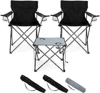 HaSteeL Folding Camping Chair Set of 3, Foldable Black Camp Chairs & Grey Table, Large Lawn Chair Portable for Adults Hiking, Fishing, Picnic, Outdoor BBQ, Travel, Sports, Cup Holders & Storage Bags