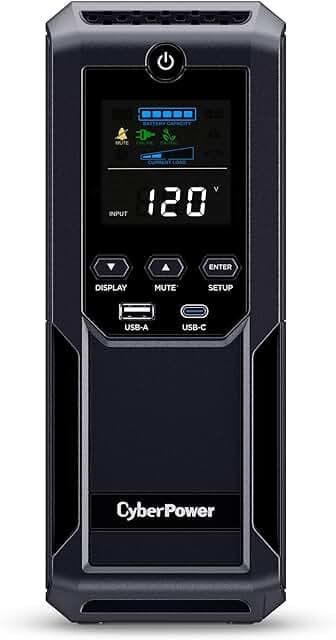 CyberPower CP1500AVRLCD3 Intelligent LCD UPS System, 1500VA/900W, 12 Outlets, 2 USB Ports, AVR, Mini Tower, Black