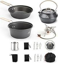 17pcs Camping Cookware Kit, 0.45Gal Pot, 7inches Pan,0.30Gal Kettle Set with 2 Set Stainless Steel Cups Plates Forks Knives Spoons for Hiking