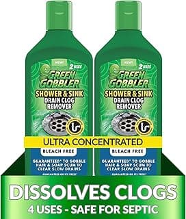 Green Gobbler Ultra Concentrated Drain Clog Remover & Cleaner | Powerful Hair, Grease & Soap Dissolver for Bathroom, Kitchen, Shower, Sink & Toilet | Safe for Pipes & Septic Systems | 2 Pack