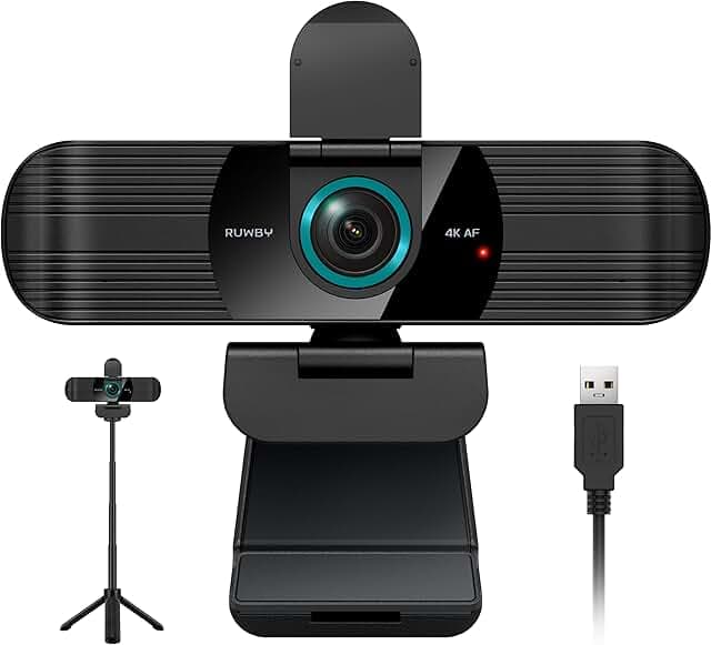RUWBY UHD 4K Webcam with Built-in Dual Mics, Wide-Angle Lens, Privacy Cover, Tripod Stand, Autofocus Computer Camera, Plug and Play for Desktop PC or Laptop