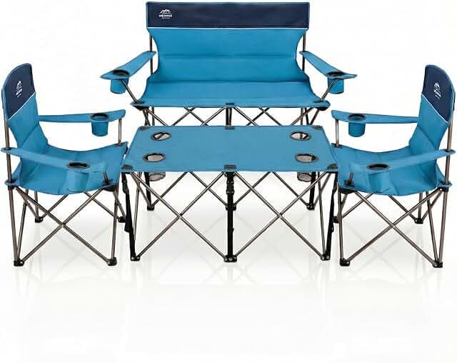Oversized 4 Pcs Camping Chair Set with Table,Outdoor Folding Heavy Duty Lawn Chair,Cup Holder,Portable,Loveseat Chair Perfect for Family Hiking,Picnics and Beach Trips,Light Blue