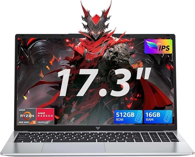 17.3 Inch Laptop,Ryzen 3 4300U (4C/4T, Beat AMD Ryzen 5 3500U,up to 3.7GHz) 16GB DDR4 RAM 512GB SSD Business Laptop with Webcam,Type-C,62.7Wh Battery,Numeric KB,Silver