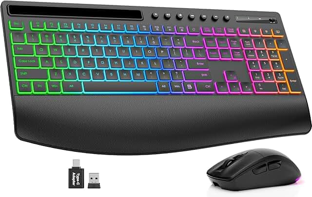 Wireless Keyboard and Mouse Combo - 4000mAh Rechargeable Backlit Keyboard with Wrist Rest & Phone Holder, Full Size Quiet Typing 2.4G USB-A/Type-C for PC, Laptop, Windows, Mac, Trueque KM22 Ultra