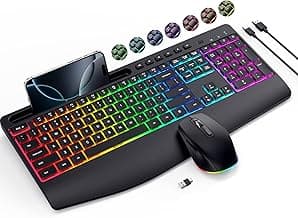 Wireless Keyboard and Mouse Combo- VEILZOR 2.4G Rechargeable Keyboard with Phone Holder, Ergonomic Wrist Rest, 9 RGB Backlit Effects, Silent Keyboard Mouse Set for Windows, Laptop, PC