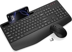 Wireless Keyboard and Mouse Combo - Full-Sized Ergonomic Keyboard with Wrist Rest, Phone Holder, Sleep Mode, 2.4G Quiet Keyboard for PC Laptop, Complete Work Setup for Office or Home -Trueque KM23