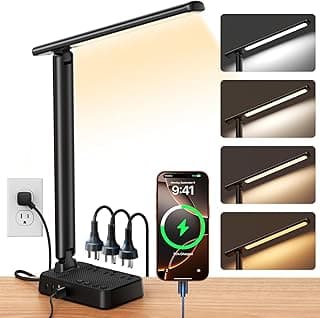 LED Desk Lamp with Power Strip, 3 AC Outlets & 4 USB Ports (2 USB-C), Stepless Dimming & 2800K-6500K Eye-Caring Desk Light, Foldable Table Lamp with 5FT Cord for Home Office, Dorm Room Essentials