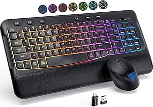 Wireless Keyboard and Mouse Combo, Ergonomic Wave, 9 RGB Backlit Effects, Leather Wrist Rest, Rechargeable 2.4G Silent Set for Computer/Windows/Mac, Black