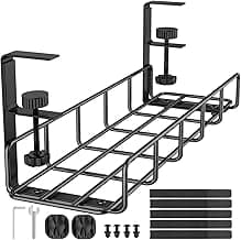 15.7” Under Desk Cable Management Tray, No Drill Steel Cable Tray Organizers, Wire Management Tray Cable Rack with Clamp Mount, Metal Under Desk Tray with Wire and Cord Organizer (Black, 1 Pack)