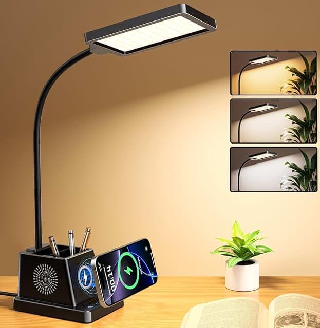 cozoo LED Desk Lamp for Home Office, 15W Bright Desk Light with Wireless Charger Pen Holder, Gooseneck Small Table Lamp for Bedroom, Study, Reading, Work, Task, Craft, College Dorm Room Accessories