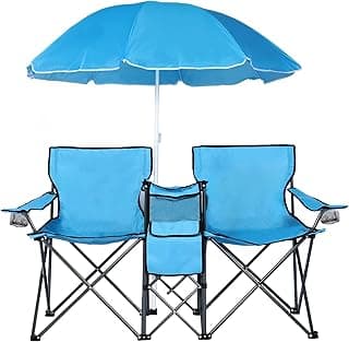 Double Portable Picnic Chair Folding Camping Chair W/Umbrella Table Beverage Holder Carrying Bag Cooler Fold Up Table for Patio Pool Park Outdoor Beach Camping Chair (Blue)
