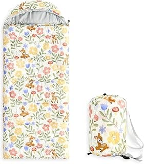 Wake In Cloud - Kids Sleeping Bag for Girls Toddlers, Camping in Warm Cold Weather, Backpacking Lightweight Compact Outdoor Liner for 3 Seasons, Deer Floral Garden