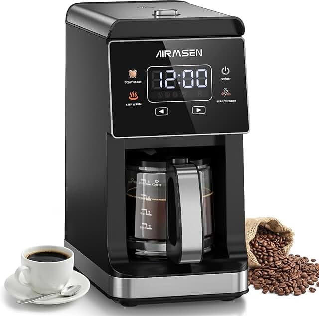 AIRMSEN Grind & Brew Coffee Maker with Built-in Grinder, Programmable Single Serve Coffee Maker - 5 Cup-800ML, 3 Grind Settings, Auto Keep Warm & Glass Carafe for Small Home and Office
