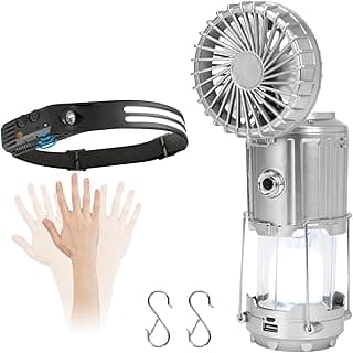 Camping Light Set, Headlamp with Motion Sensor & Solar Camping Fan Lantern, 230° COB Headlamp and 5-in-1 Rechargeable LED Lantern with Fan, Phone Charger for Hiking, Emergency, Outdoor Gear,Silver