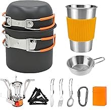 Camping Cookware Mess Kit, Non-Stick Lightweight Camping Pots and Pans with Kettle, Stainless Steel Cups Plates Forks Knives Spoons for Backpacking, Hiking, Outdoor Cooking