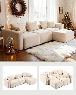 Karl home Modular Cloud Couch with Ottoman 112.2" Corduroy Sectional Sofa L-Shaped Modern Sofa Couch with Pillows for Living Room, Bedroom, Apartment, Creamy