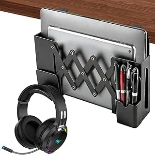Desk Side Storage，Under Desk Clamp-on Vertical Laptop Holder,7-17 Inch Length Adjustable with Pen & Headphone Holder,No Drill Storage Shelf for Desk，Fits Table Edge 0.4" to 2.3"(Black)