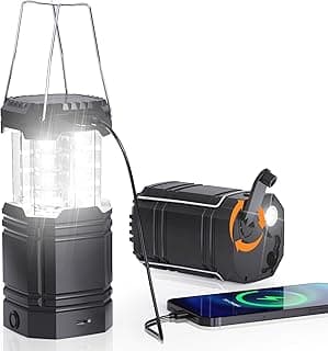 Camping Lantern 3000mAh Solar Type-C Crank Rechargeable Camping Light USB Output Collapsible Flashlight Camping Portable Brightest Emergency Lights for Power Outage, Hiking, Fishing, Camping Black