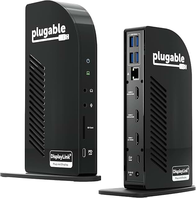 Plugable USB-C Triple Monitor Docking Station: 13-in-1 Laptop Dock with 100W Charging for Mac (DisplayLink Driver Required), Windows, Chrome, 3 HDMI, Gigabit Ethernet, SD, USB-C 20W, 4 USB - UD-ULTCDL