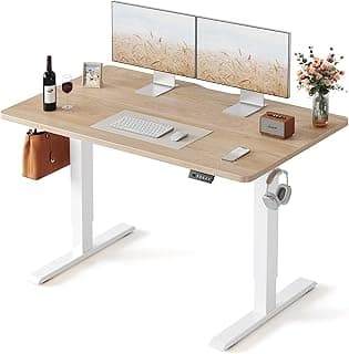 FEZIBO Standing Desk, 48 × 24 Inches Electric Height Adjustable, Sit and Stand Up, Computer Office Desk with Splice Board, White Frame/Maple TOP