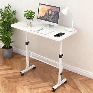 Portable Standing Desk Adjustable Height 27.5"-43.3", Small Computer Desk with Wheels, Foldable Home Office Desk, Folding Table for Laptop, Rolling Desk for Small Space, White