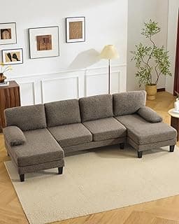 Karl home 110" U-Shape Sectional Couches for Living Room Chenille Upholstery 4 Seat Sofa Set with Double Chaises & Wood Grain Legs for Apartment, Brown