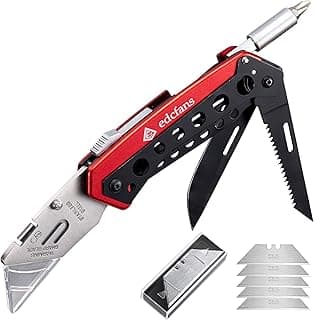 edcfans Folding Utility Knife Box Cutter with 5 Razor Blades, Pocket Utility Knives, Screwdriver, Saw, Lock Design, Clip and Holder for Belt, EDC Heavy Duty Work Knifes, Fathers Day Dad Gifts for Papa