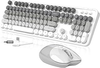 Creamy Wireless Keyboard and Mouse, MOFII 104 Round Keycaps Retro Typewriter with OTG & Brush, Full-Size Ergonomic, Ideal for Windows PC, Home, Office and College Gray White