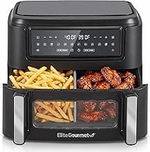 Elite Gourmet Dual Zone Air Fryer Oven 11QT, Dual Basket Air Fryer with Divider, Sync Finish & Sync Cook, PFAS Free Nonstick, 10 Presets, Air Fry Bake Roast Broil Toast Dehydrate, 1600W Black