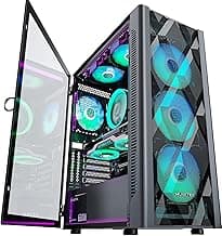 MUSETEX ATX PC Case Pre-Install 6 PWM ARGB Fans, Polygonal Mesh Computer Gaming Case, Opening Tempered Glass Side Panel Mid-Tower Case, USB 3.0 x 2, Black, NN8