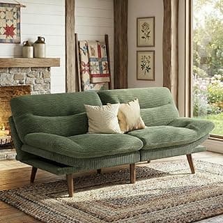 Marsail Futon Sofa Bed, 66” Futon Couch with Adjustable Backrest & Armrests, Convertible Small Sleeper Sofa Bed for Small Apartments, Study Room, Office, Corduroy Loveseat, Olive Green