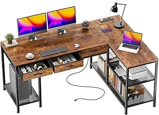 PRAISUN 55 Inch L Shaped Office Desk with Power Outlets and Type-C Port, Large Computer Gaming Desk with 3 Fabric Drawers, Mesh Shelves, Corner Study Work Writing Desk, Rustic Brown