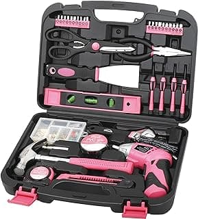 Apollo Tools 135 Piece Household Pink Hand Tools Set with Pivoting Dual-Angle 3.6 V Lithium-Ion Cordless Screwdriver - DT0773N1