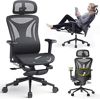 Ergonomic Office Chair with Footrest - Adjustable Lumbar Support & Headrest, 90-160° Reclining Mesh Back Computer Chair - Home Office/Gaming, 350lbs Capacity (B-Black, Mesh)