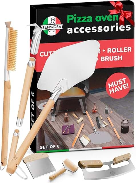 Senwosa Premium Pizza Oven Accessories Kit - 6-Piece Set for Home Pizza Making: Includes Pizza Peel, Oven Brush, Bubble Popper Turner, Rocker Cutter, Dough Roller & Scraper