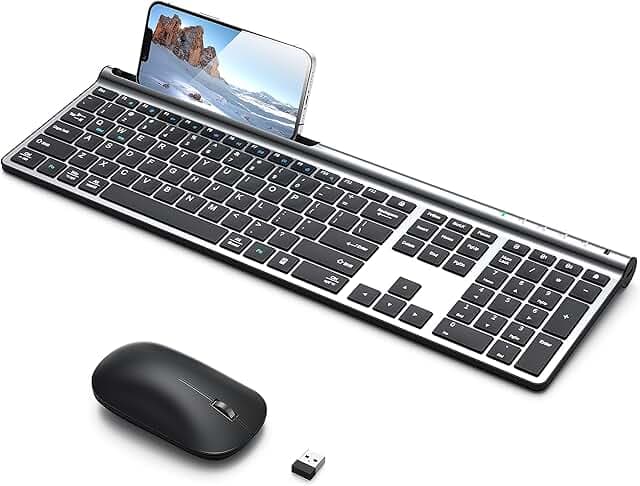 CHESONA Wireless Keyboard and Mouse Combo, Wireless Rechargeable Full Size Multi-Device (Wireless 5.0+3.0+2.4G) Keyboard Mouse Combo for Mac OS/iOS/Windows/Android, Silver Black