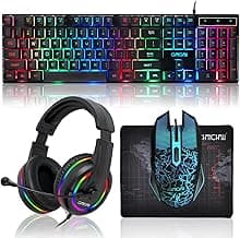 Gaming LED Keyboard Mouse Headset and Mousepad Bundle, CHONCHOW Wired Rainbow LED Light Up Gaming Keyboard Mouse Headset, Value 4 in 1 Game Set for Xbox PS4 PS5 PC Laptop Gamer