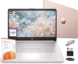 HP 14 Laptop Computer 2025 Ultra Light, AI Copilot Student Business, Quad-Core Intel, 16GB RAM, 628GB Storage (128GB UFS+ 500GB Ext), 1 Yr Office 365, 12 Hr Battery MarxsolAccessory Win 11S, Rose Gold