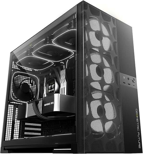 Geometric Future M5 Vent Mesh Panel Tempered Glass Mid Tower, E-ATX/ATX Gaming Case, High Airflow, 1.2mm Steel, Type C, Support 420/360 Radiator, ARGB PWM 140m fan x 5 Pre-Installed, Black, GEO-M5VF-B